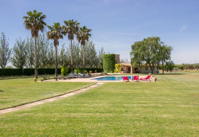 Rural house with pool for 15 people in Búger, Mallorca. 7 DBR, 5 BR (3 en suite), 1 Guest-WC, Wifi, sauna, pool, soccer field, golf course and idyllic outdoor area.