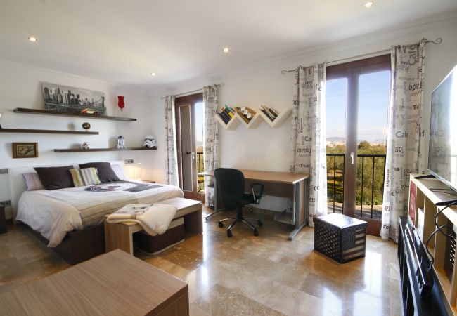 Villa with pool for 12 people in Sa Pobla, Mallorca 4 habitaciones dobles y 2 individuales, 6 baños, gimnasio, piscina, jardín, barbacoa, wifi, vistas a la Serra de Tramuntana