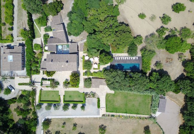 Rural house with pool for 16 people in Alcúdia, Mallorca. 8 DBR, 8 BR en suite, 1 outdoor bath, 2 guest WCs, XXL pool, several terraces, garden & in-house bodega.