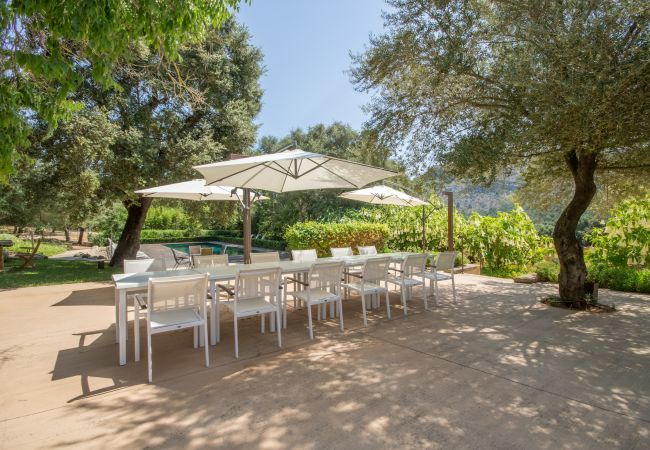 Rural house with pool for 16 people in Alcúdia, Mallorca. 8 DBR, 8 BR en suite, 1 outdoor bath, 2 guest WCs, XXL pool, several terraces, garden & in-house bodega.
