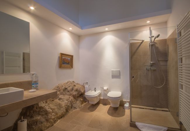 Rural house with pool for 16 people in Alcúdia, Mallorca. 8 DBR, 8 BR en suite, 1 outdoor bath, 2 guest WCs, XXL pool, several terraces, garden & in-house bodega.