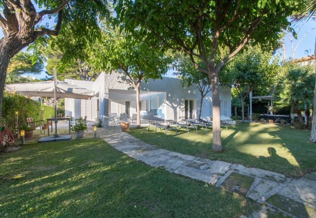 Beach Villa, 8 people, Playa de Muro, Mallorca. 20m from the beach 4 DBR, 3 BR, outdoor bathrooms, air conditioning, free wifi internet, beautiful garden with barbecue and lots of terrace area
